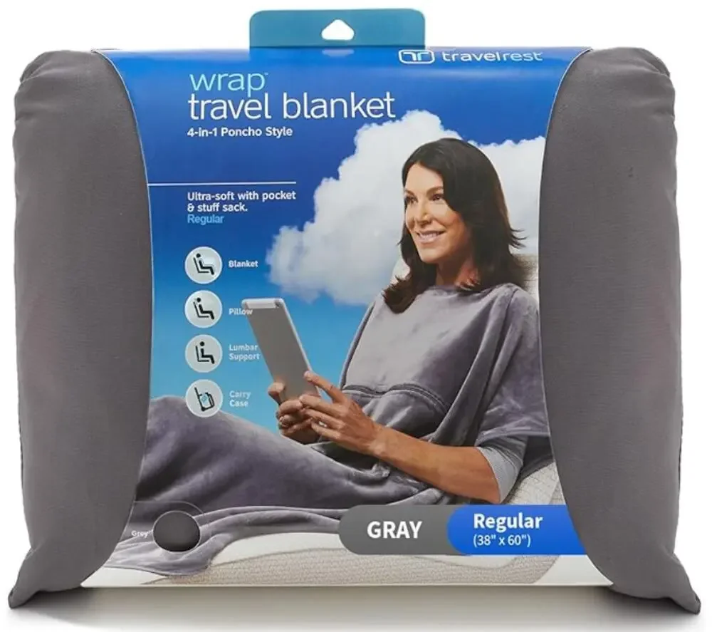 4-in-1 Travel Blanket, Lightweight Wearable Blanket, Pillow & Body Wrap- Gray